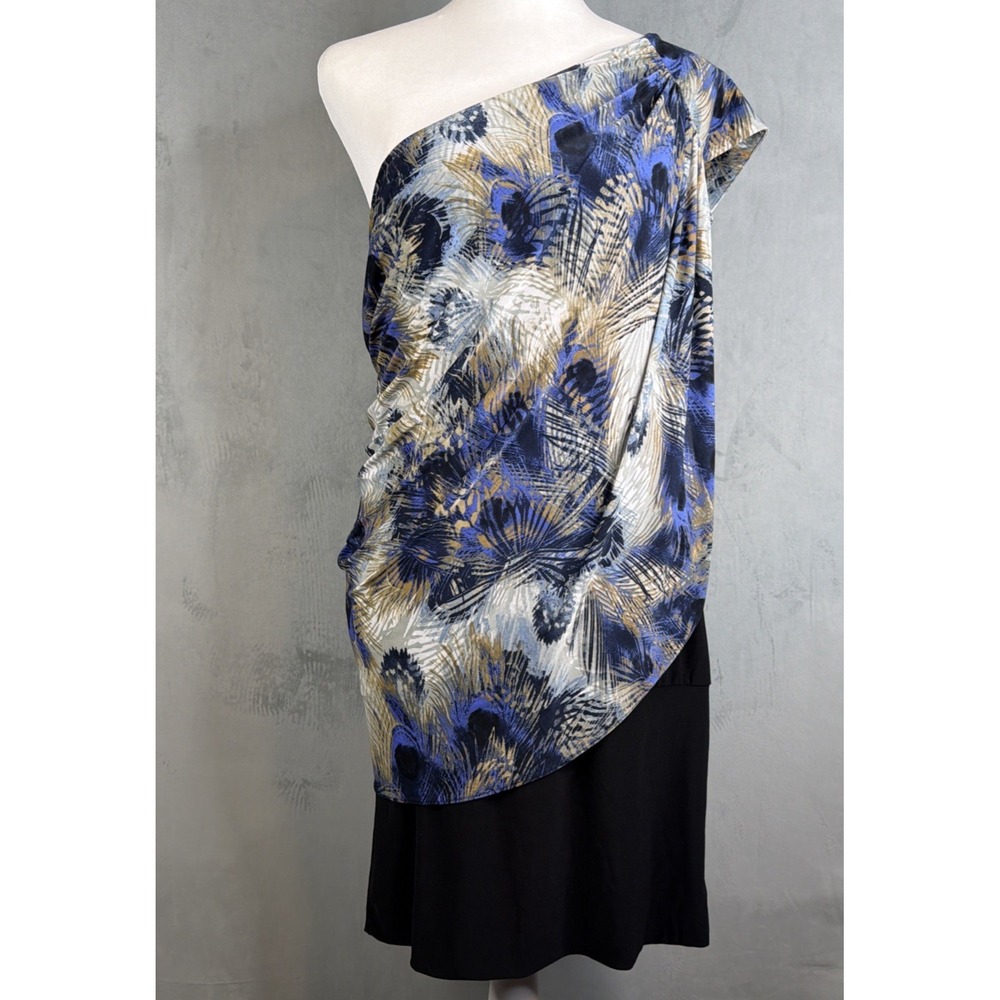 Linda Segal One Shoulder Dress Womens L Black Floral Draped Cocktail